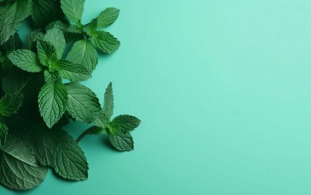 Fresh mint leaves on color background, top view. Space for textの素材