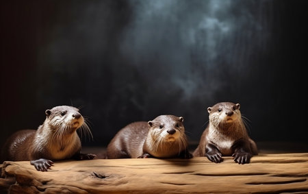 Group of Asian small-clawed otters on a dark backgroundの素材
