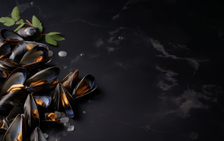 Mussels in shells on a black background. Top view. Copy-space.の素材