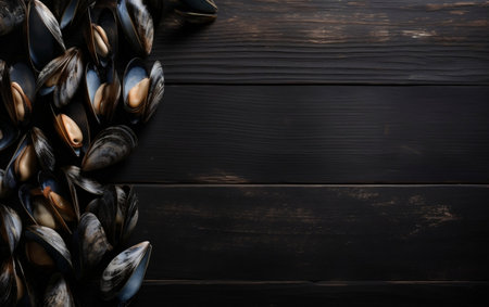 Mussels on black wooden background. Top view with copy space.の素材