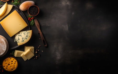 Various types of cheese on black background. Top view with copy spaceの素材