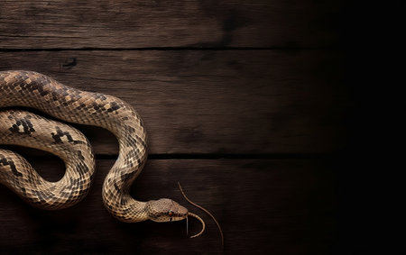 A close up of a rattlesnake on a wooden background.の素材