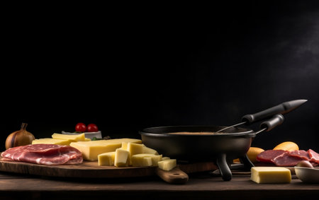 Cheese, ham and sausage on a black background. Copy-space.の素材