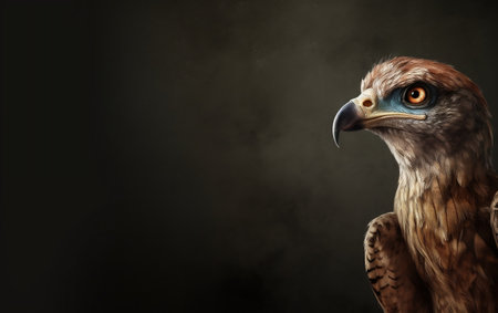 Portrait of a hawk on a dark background with space for textの素材