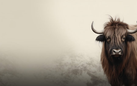 Highland cow portrait on gray background with copy space for your textの素材