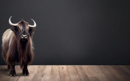 Black yak standing on wooden floor with copy space in front of gray backgroundの素材
