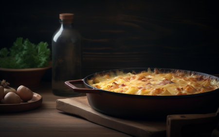 Potato casserole with ham and cheese on a wooden backgroundの素材