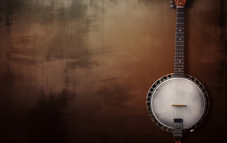 Banjo on a brown background with space for text, still lifeの素材