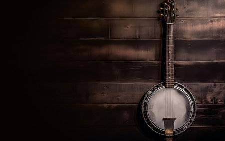 Banjo on a wooden wall background. Musical instrument. Copy-space.の素材