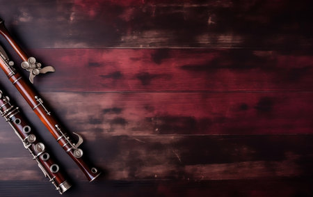 Clarinet on a wooden background. Top view. Copy-space.の素材