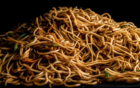 Yakisoba noodles on a black background. Japanese fast food.の素材