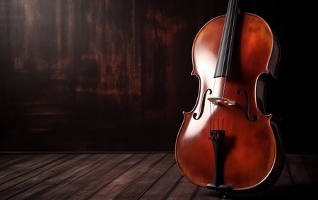 Violin on dark wooden background with copy space. Music concept.の素材