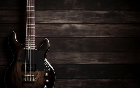 Electric guitar on a dark wooden background. Copy space for text.の素材