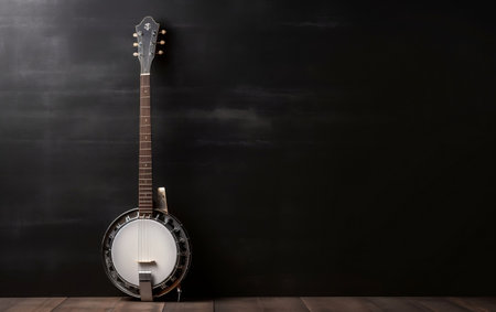Banjo on wooden floor and blackboard background with copy space.の素材