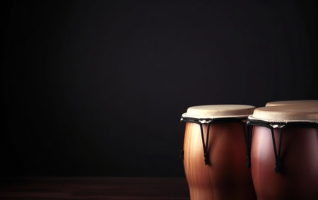 Two djembe drums on a dark background with copy space.の素材