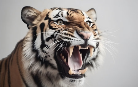 Close-up of a tiger with open mouth on a gray backgroundの素材