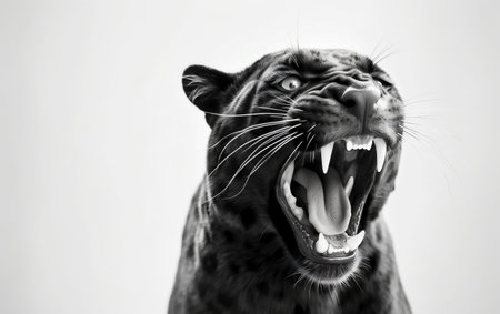 Black and white portrait of a yawning leopard on a white backgroundの素材