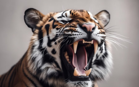 Close-up of a tiger with open mouth on gray background.の素材