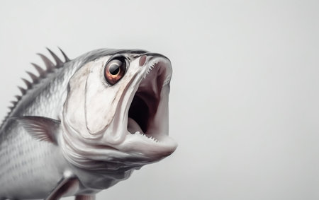Closeup of a fish head on a white background with copy spaceの素材