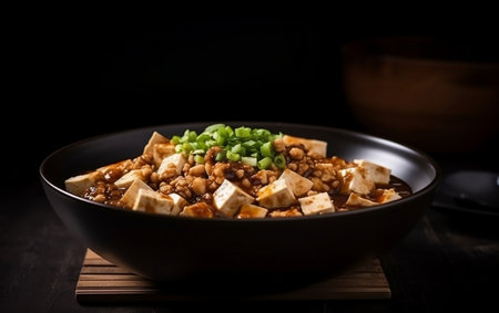 Bowl of Tofu with soy sauce and green onion on dark backgroundの素材