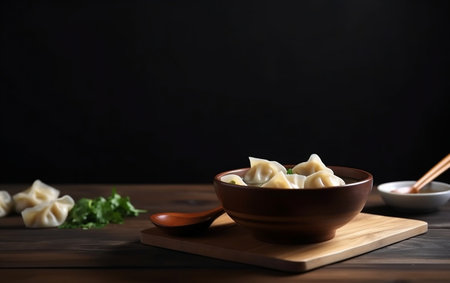 Bowl with tasty dumplings on wooden table, closeupの素材