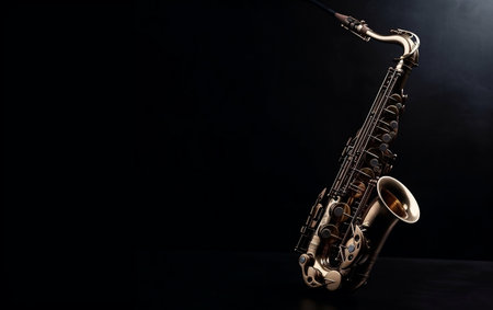 Saxophone on black background with copy space. Saxophone on black backgroundの素材