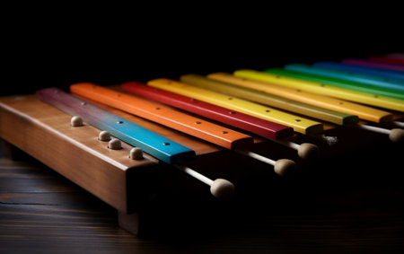 Colorful xylophone on wooden background. Selective focus.の素材