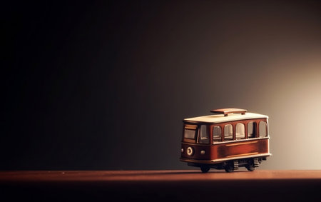 Miniature bus on wooden table over dark background. Transportation concept.の素材
