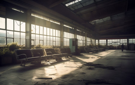 Interior of an old factory building in the light of the sunの素材
