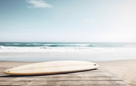Surfboard on the beach with blue sky and sea background.の素材