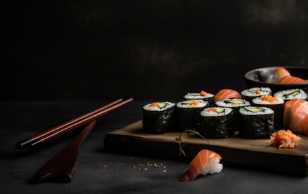 Sushi rolls with salmon, avocado, cream cheese and cucumber on dark backgroundの素材