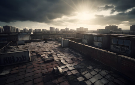 Cityscape with urban buildings and sky with clouds. Vintage-style.の素材