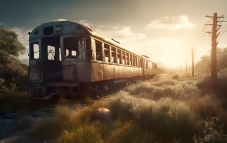 Train in the countryside at sunset, retro toned, vintage styleの素材