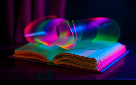Open book with colorful light on the table. Back to school concept.の素材