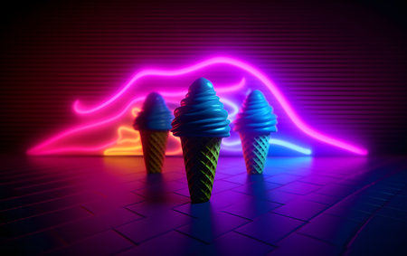 3d render of ice cream in waffle cones with neon lightsの素材