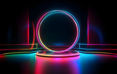 Neon circle podium with neon light on dark background. 3d renderingの素材