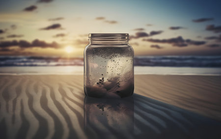 Empty glass jar with water on the beach at sunset background. vintage toneの素材