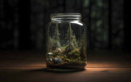 Glass jar with green plants inside on a wooden table with dark backgroundの素材