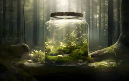Glass jar with green plants inside in the forest, 3d renderingの素材