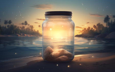 Glass jar with shells on the beach at sunset. 3d renderingの素材