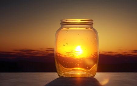 sunset in a glass jar with the sun on the background.の素材