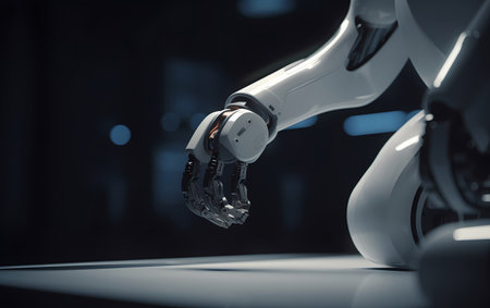 3d rendering robotic hand working on table in office. Futuristic technology conceptの素材