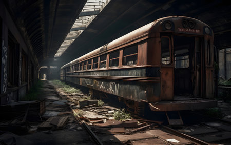 Old rusty train in an abandoned railway station. Selective focus.の素材