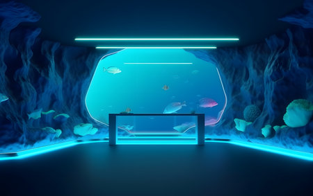 3D Illustration. Futuristic interior scene with a fish tank.の素材