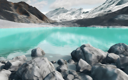 Mountain landscape with a turquoise lake. 3d renderingの素材
