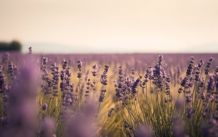 Lavender flowers blooming in the lavender field at sunsetの素材