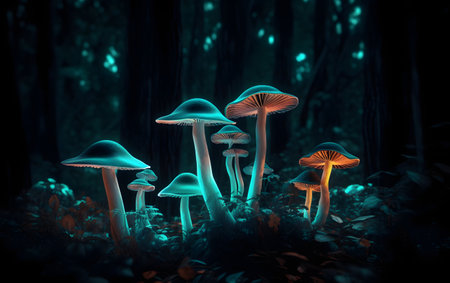 Mushrooms in the forest at night. 3D rendering.の素材