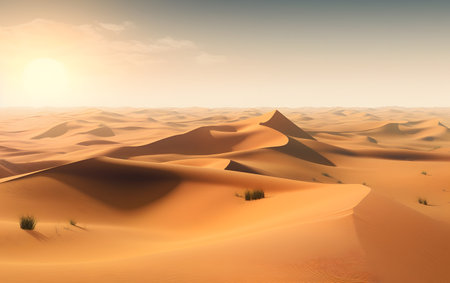 Sand dunes in the desert at sunset. 3d render.の素材