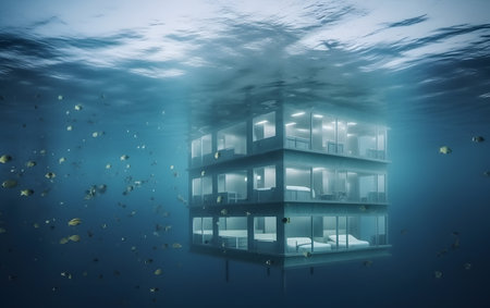 3d rendering of a house underwater in the ocean with coralsの素材