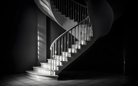 Black and white spiral stairway in dark room, 3D renderingの素材